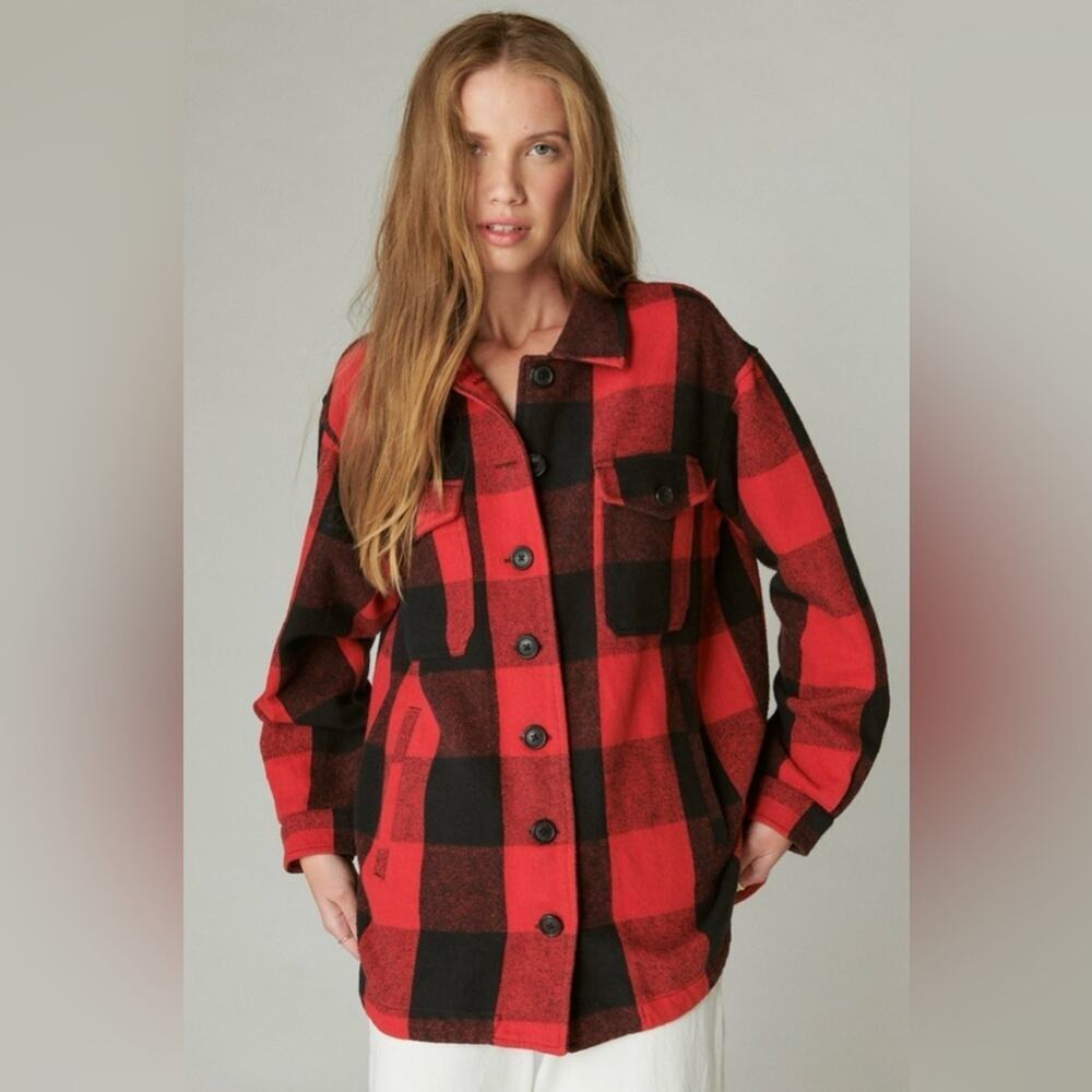 Lucky Brand Red Black Buffalo Plaid Oversized Shacket Shirt Jacket M